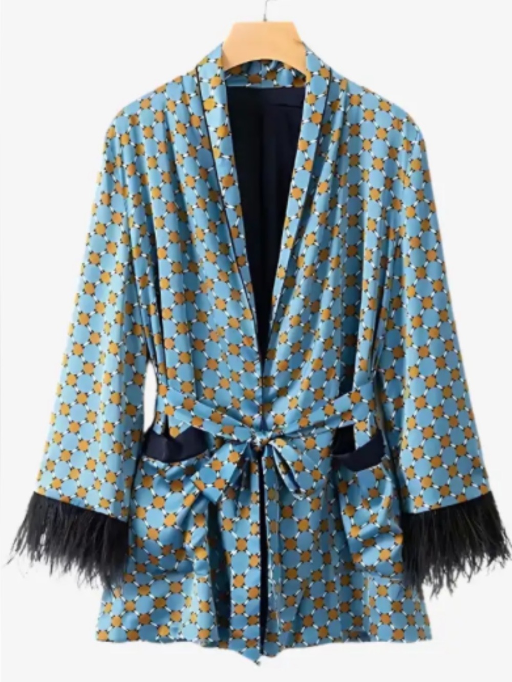 Zara Blue & Gold Geometric Satin Wrap bath robe night gown